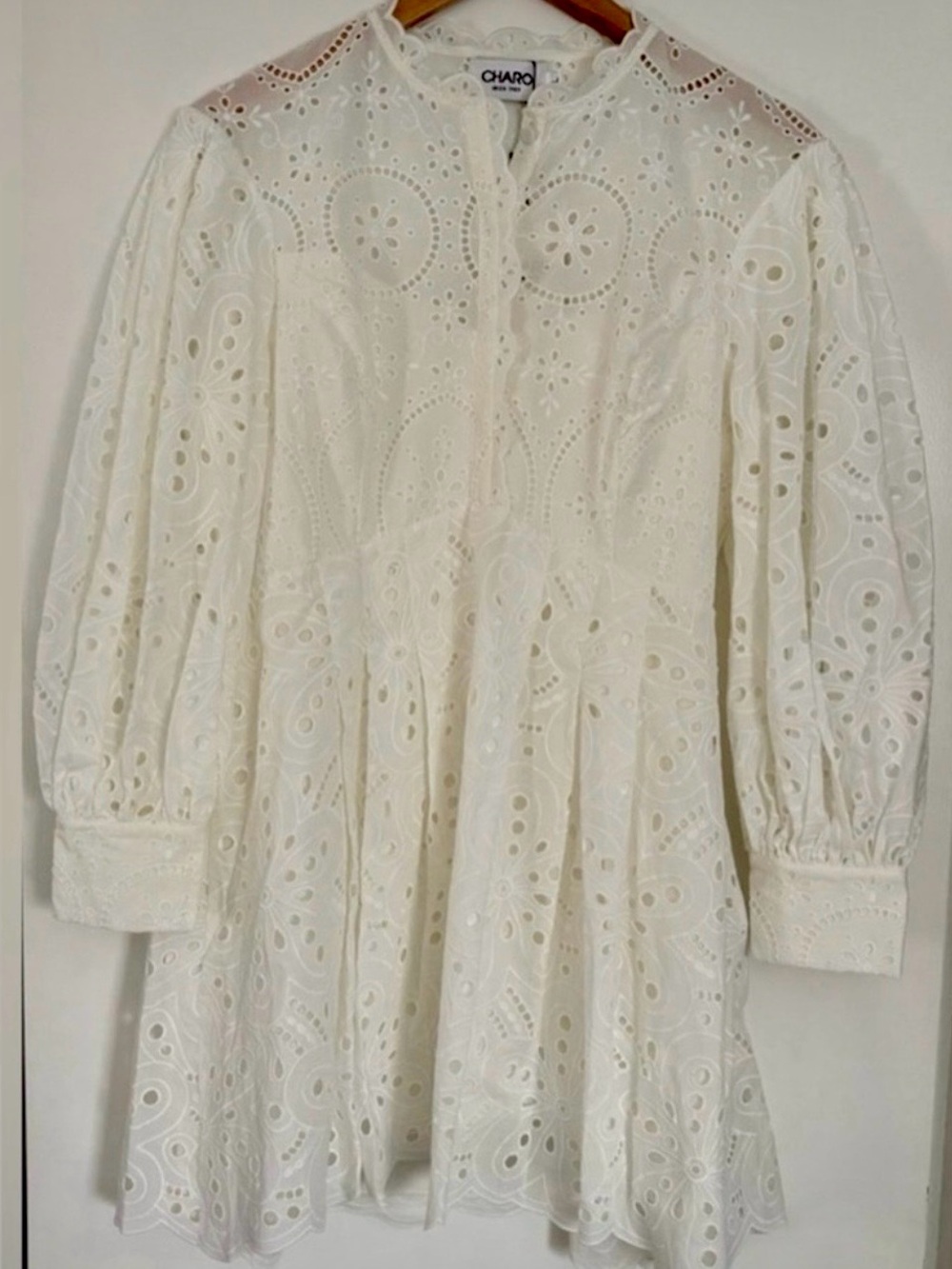 Charo Ruiz Cream Broderie Anglaise Long Sleeve Mini Dress